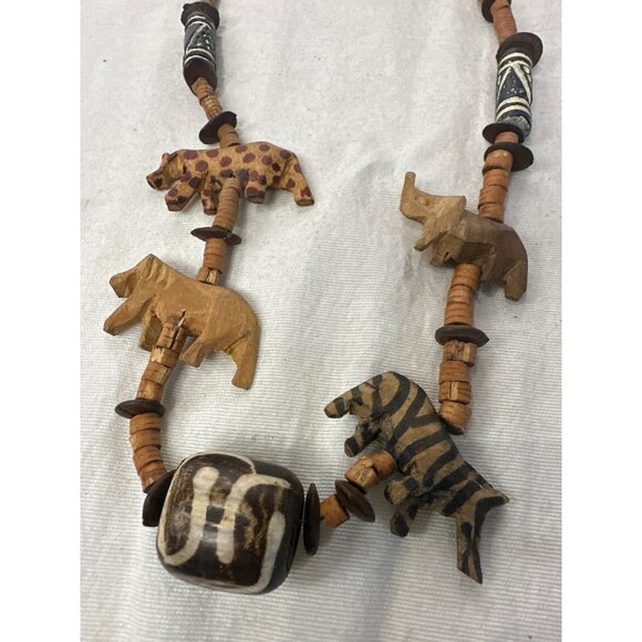 Safari Wooden Animal Beaded Necklace Tribal Accents & Carved Beads Boho Chunky - Picture 2 of 3